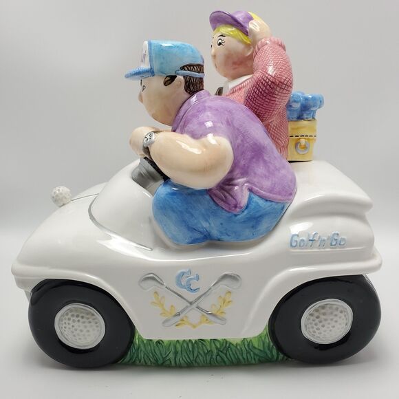 Vintage Lotus 1998 Golf Nut Ceramic Cookie Jar Couple In A Convertible Car - Picture 2 of 12